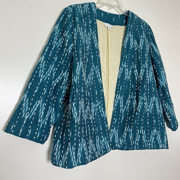 J. Jill Pure Kantha Stitched Ikat Jacket Kimono Sari Open Front Teal Blue Small - Picture 3 of 8
